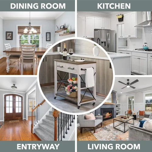 Vista 8 de FirsTime & Co. Carrito de cocina Aurora blanco y marrón, barra de café y soporte para microondas, isla sobre ruedas con almacenamiento, madera