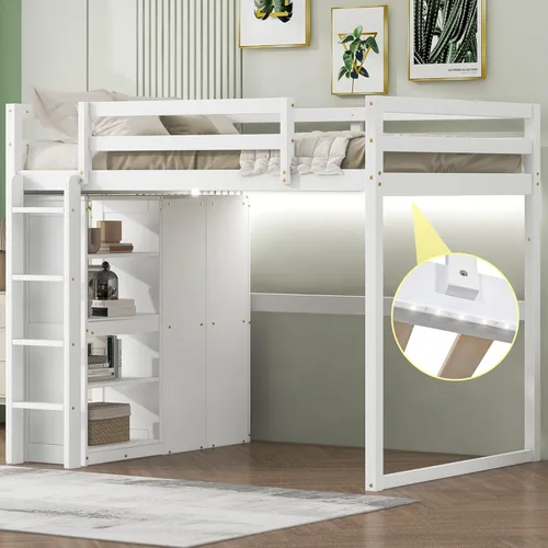 Vista 12 de Cama tipo loft moderna de tamaño individual con estantería y cajones, marco de cama tipo loft de madera con escritorio y armario, cama alta