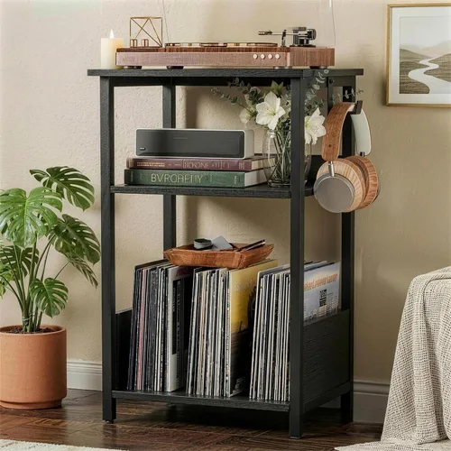 Soporte para tocadiscos de 3 niveles y armario de almacenamiento de vinilo, mesa auxiliar con estante para álbumes, muebles modernos de consola