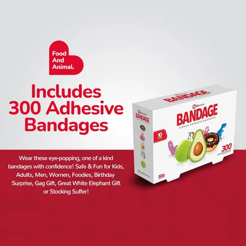 Vista 2 de BioSwiss - Venditas autoadhesivas surtidas con formas de animales, cosas divertidas y alimentos, estériles y sin látex para el cuidado de heridas