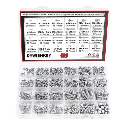 DYWISHKEY 480 tornillos de cabeza Phillips de acero inoxidable 304 M2 M2.5 M3 M4 M5 M6, 304 tornillos de cabeza plana Phillips combinan con arandela