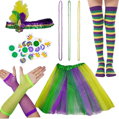 Juego de accesorios de disfraz de Mardi Gras, falda tutú, máscara de Mardi Gras, corbatín, collar de cuentas coloridas, traje de Mardi Gras para