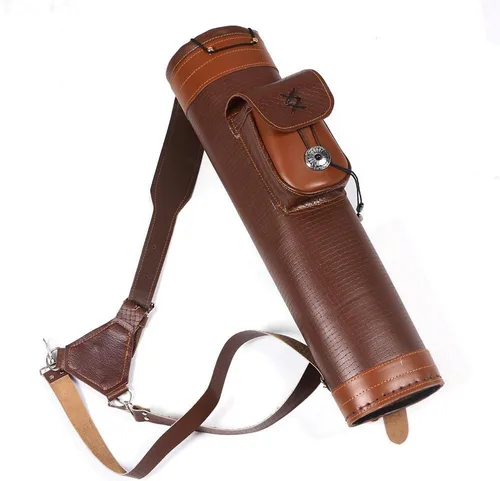 Vista 4 de TOPARCHERY Tradicional hombro espalda carcaj arco de cuero flecha titular con bolsa grande correas hechas a mano correa bolsa marrón, Cuero Marrón