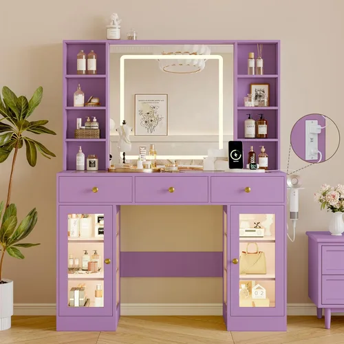 Vista 13 de Escritorio de maquillaje con espejo y luces, tocador negro de 43 pulgadas con parte superior de cristal, almacenamiento de joyas, 3 cajones