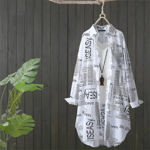 Vista 2 de Camisas estampadas de periódico para mujer, de manga larga, con botones, con solapa, túnica de gran