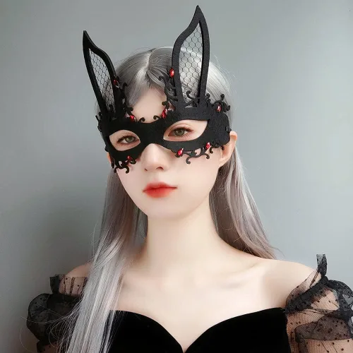 Vista 7 de Máscara de Halloween para mujer, máscara de media cara de conejito de ciervo, araña, con velo, máscara de gasa para Halloween