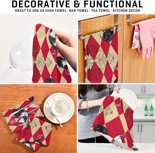 Vista 7 de GAIREG Retro Rooster Red Checkered Dish Towels and Dishcloths Sets, 28x18 Inch Bulk Kitchen Towels Holiday, Set of 4
