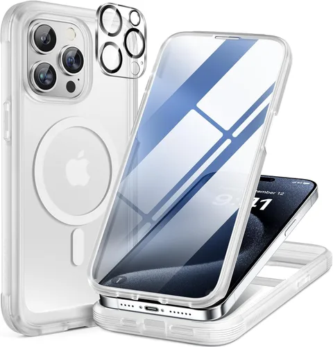 Vista 207 de Miracase Funda magnética para iPhone 14 de 6.1 pulgadas, protector de pantalla de vidrio templado integrado + protector de lente, compatible