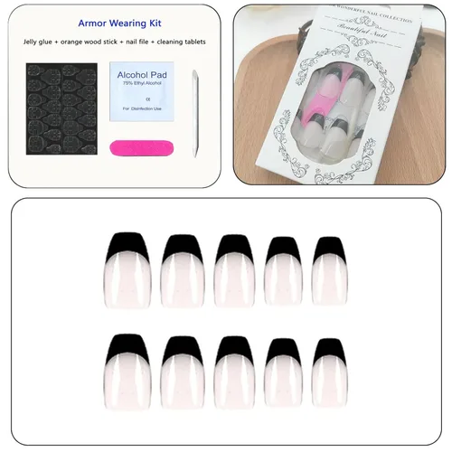 Vista 4 de Uñas postizas de punta francesa negra a presión, uñas postizas cortas de otoño, uñas acrílicas semitransparentes a presión, reutilizables