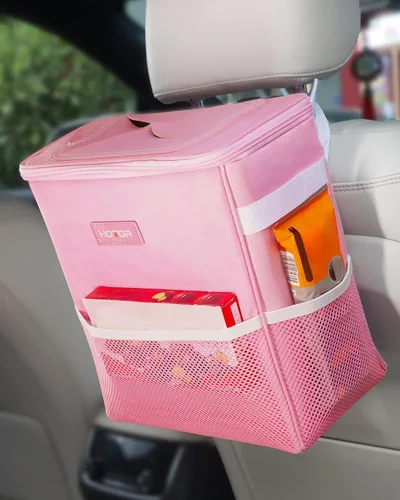 Vista 12 de Hotor Cesto de basura marrón, para automóvil, con correa ajustable, broches magnéticos, forro impermeable y bolsillo de almacenamiento