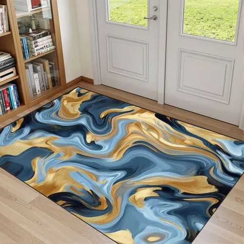 32"x 48" Boho Area Rugs Marble Texture Seamless Pattern Silver Gold Grey Blue Black Abstract Washable Low Pile Carpet Non Slip Floor Mat Soft for