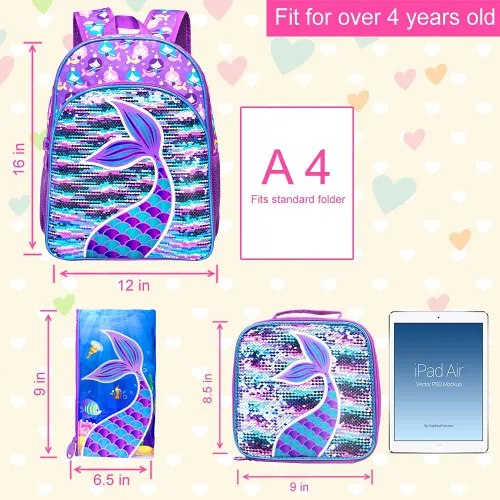 Vista 4 de AGSDON 3 mochilas infantiles para niñas, 16 pulgadas, sirena, lentejuelas, preescolar, para libros y loncheras