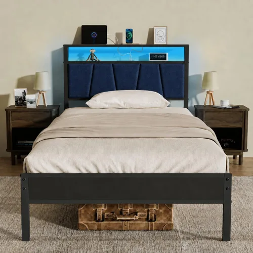Vista 15 de Z-hom Base de cama matrimonial tapizada de fácil montaje y cabecera Beige