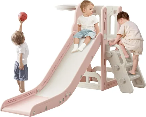 Tobogán para niños pequeños, tobogán escalador con espacio de almacenamiento y escalones antideslizantes, juego para interiores y exteriores con aro