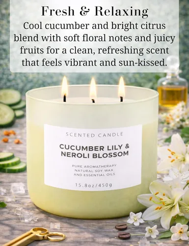 Vista 2 de Vela perfumada de soja de 3 mechas de lirio de pepino y neroli, 15.8 onzas, vela de aromaterapia fresca de spa, vela perfumada grande para el hogar