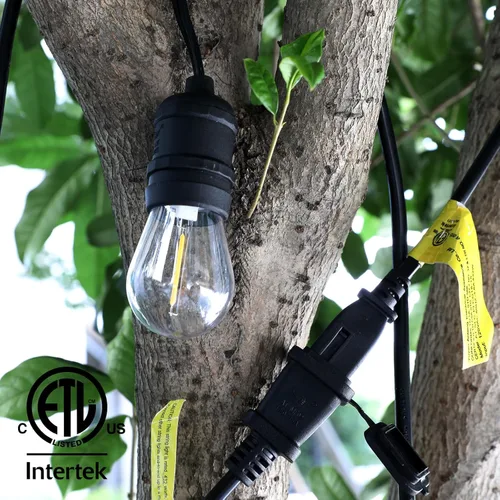 Vista 4 de Cadena de luces LED para exteriores de 48 pies con 15+1 (repuesto) bombillas inastillables de 1 W, color negro, impermeable, conectable, luces