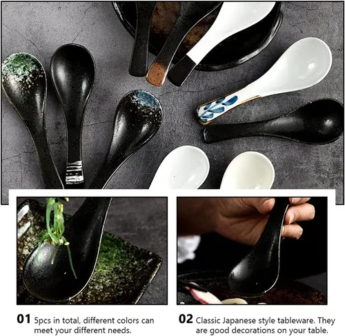 Vista 6 de DOITOOL Juego de 5 cucharas de sopa de estilo japonés, cucharas de sopa asiáticas, cucharas de ramen de cerámica, cucharas de servir chinas