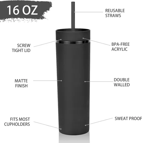 Vista 2 de Modwnfy Vasos delgados a granel (paquete de 4), vasos acrílicos mate para bricolaje, vasos de 16 onzas color negro pastel con tapas y popotes, vasos