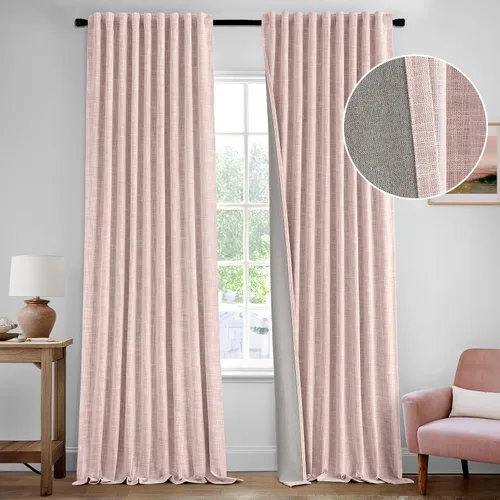 MIULEE Cortinas de lino 100% opacas de color rosa bebé de 84 pulgadas, juego de 2 paneles de doble cara sin revestimiento, con trabillas traseras
