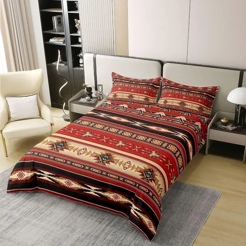 Vista 2 de Juego de ropa de cama azteca 100% algodón, funda de edredón étnica tribal con flecha, funda de edredón vintage del suroeste nativo bohemio, juego