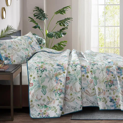 Vista 2 de Juego de ropa de cama tamaño King, reversible, con estampado floral, ligero, edredón vintage de microfibra a cuadros para todas las estaciones
