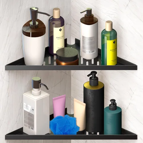 Vista 8 de Estante esquinero de ducha triangular, 1 paquete, blanco, 14 pulgadas de fuerte, aluminio, capacidad de 11 libras, montaje en pared, autoadhesivo