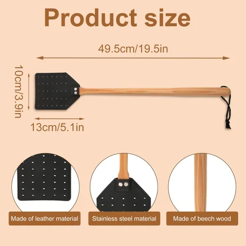 Vista 2 de Matamoscas de cuero, matamoscas manual resistente con mango de madera largo y cuerda para colgar, matamoscas duradero, matamoscas de avispas