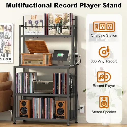 Vista 5 de EasyCom Soporte para tocadiscos con almacenamiento de vinilo, soporte para tocadiscos con capacidad para hasta 300 álbumes, mesa grande