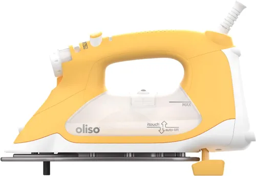 Vista 2 de Oliso TG1600 Pro Plus SmartIron de 1800 W con elevación automática y protector de placa de silicona solemate Oliso (amarillo) + bolsa de transporte