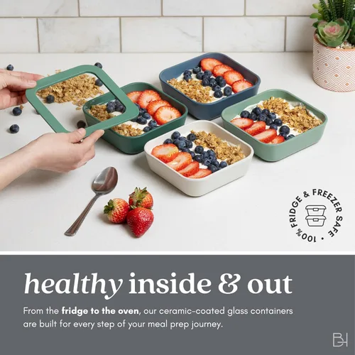 Vista 4 de Recipiente de almacenamiento de alimentos de vidrio recubierto de cerámica Sin PTFE, PFOA, PFAS y BPA Recipiente reutilizable no tóxico