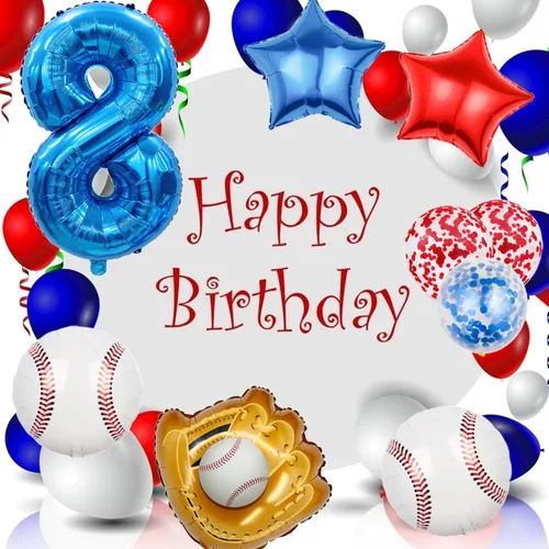 Vista 100 de Globos de béisbol de papel de aluminio para decoración de cumpleaños, globos de guante, globo de confeti de estrella roja y azul para novato