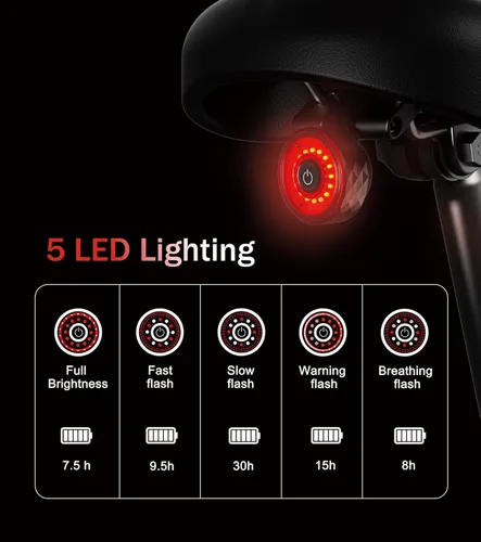 Vista 2 de Luz trasera inteligente recargable para bicicleta: con Apple Find My (solo iOS), IP65 impermeable, 5 modos, puertos USB-C, parte trasera