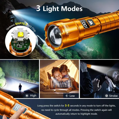 Vista 3 de WdtPro Linterna LED Recargable Paquete de 2, Linterna Táctica Súper Brillante con Zoom de 6000 Lúmenes con Pantalla Digital LCD, Linterna