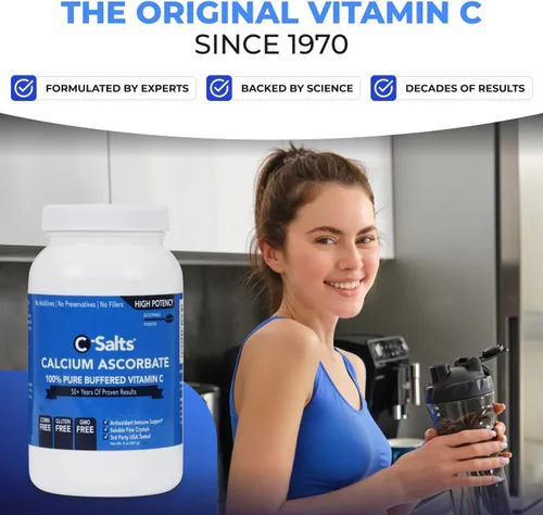 Vista 5 de C-Salts Polvo de vitamina C de ascorbato de calcio puro, bebida en polvo tamponada no ácida sin azúcar para apoyo inmunológico, protección