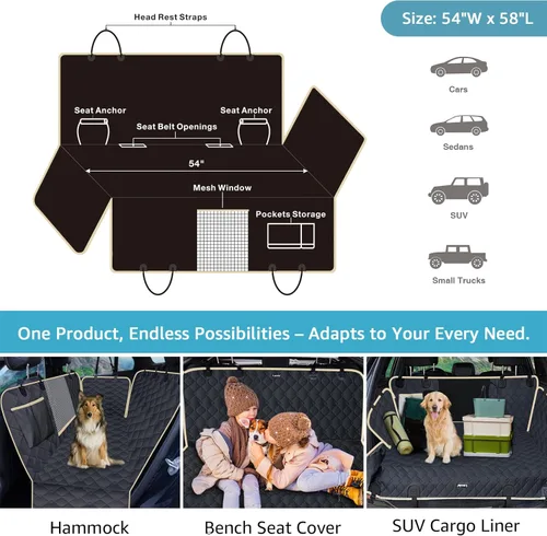 Vista 5 de Lassie Fundas de asiento de coche para perro para asiento trasero con 2 cinturones de seguridad, hamaca impermeable para automóvil para perro