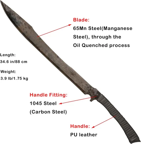 Vista 2 de Espada machete de acero al manganeso de espiga completa hecha a mano de 34.6 pulgadas con funda para práctica, uso al aire libre