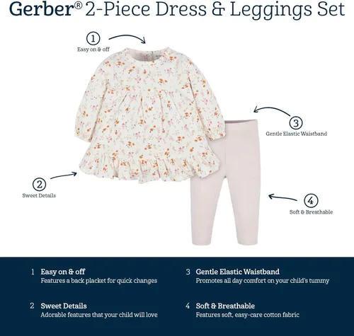 Vista 5 de Gerber Conjunto de 2 piezas de vestido y leggings de manga larga para bebés y niñas pequeñas