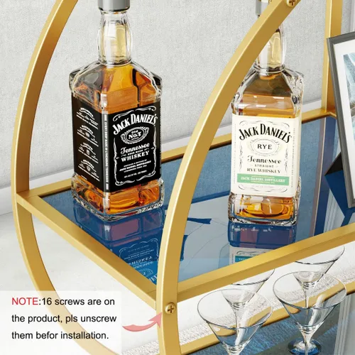 Vista 7 de Carrito de bar, carrito de servicio de barra dorada de 3 niveles mejorado con soporte de vidrio y ruedas, carrito de barra redonda con mango