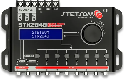 Stetsom STX 2848 PRO - DSP Crossover & Equalizer 8 Channel Full Digital Signal Processor (Sequencer) 2.8, Audio Processor, Limiter, Sequencer, 2 RCA