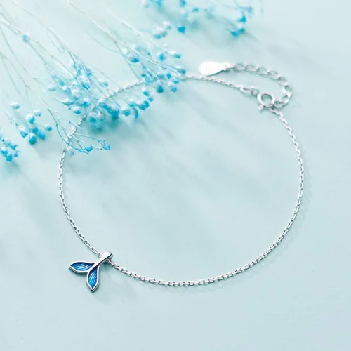 Vista 5 de Tobillera de plata de ley S925 con diseño de cola de delfín, pulsera de tobillo de playa descalzo para mujeres y niñas BFF