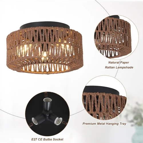 Vista 5 de PAUFUL Lámpara bohemia, lámpara de techo de ratán estilo granja de 3 luces con montaje de techo, lámpara de montaje empotrado con pantalla tejida a