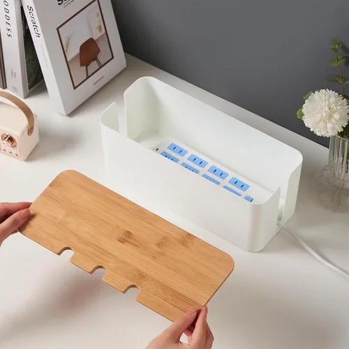 Vista 4 de Caja de organización de cables con tapa de bambú, caja organizadora de cables para ocultar cables y regletas de alimentación, cable de extensión