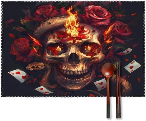 Halloween Poker Red Rose Fire Skull Placemats Set of 6 Resistant Table Mats Washable Place Mats for Dinner Party Table Decoration