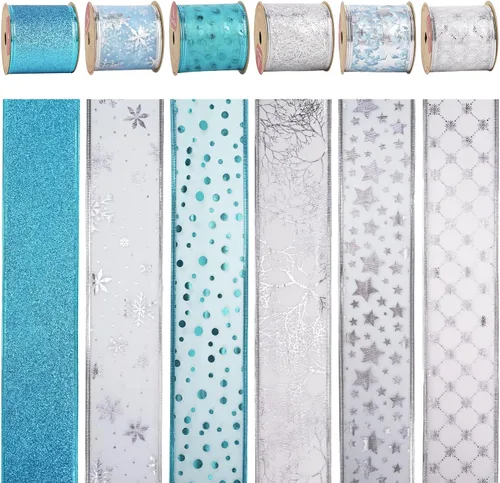 Vista 7 de MEEDEE Cinta de Navidad turquesa de 2.5 pulgadas, 6 rollos, 36 yardas, azul y plateado para árbol de Navidad