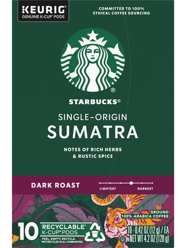 Vista 7 de Starbucks Cápsulas K-Cup de café, café Sumatra de origen único, tostado oscuro 100% café arábica, cápsulas Keurig K-Cup auténticas, 10 cápsulas