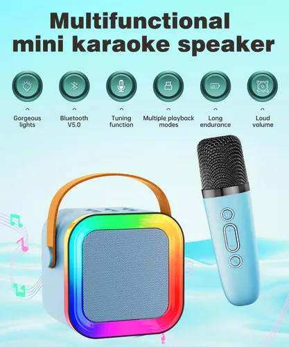 Vista 2 de Mini altavoz de máquina de karaoke para niños y adultos, Bluetooth portátil con 1-2 micrófonos inalámbricos, regalos de cumpleaños de Navidad, Azul