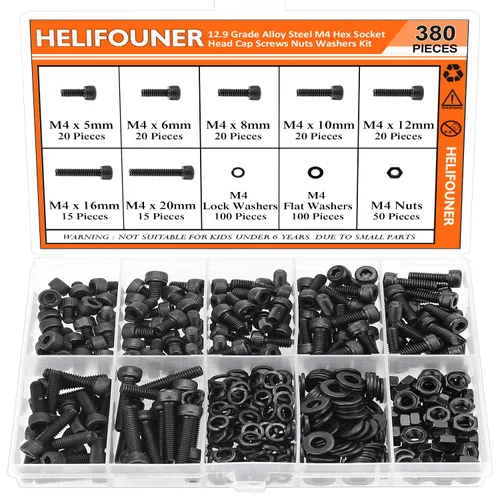 Vista 25 de HELIFOUNER 560 Piezas M2 x 4 mm / 6 mm / 8 mm / 10 mm / 12 mm / 16 mm / 20 mm, Kit de Tornillos de Cabeza de Botón con Arandelas y Tuercas, Acero