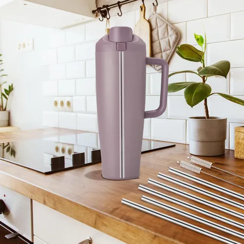 Vista 6 de 6 popotes de metal de repuesto compatibles con vaso Owala FreeSip de 40 onzas, con 2 limpiadores de pajitas, popotes reutilizables de acero