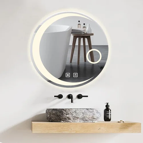 Vista 9 de Espejo LED para baño, espejo de tocador con luces, espejo iluminado regulable, espejos redondos para decoración de pared, con desempañador