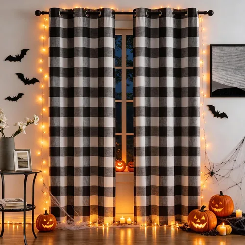 Cortinas cortas de lino texturizado con diseño de búfalo blanco y negro a cuadros, 100% opacas con forro, paneles de estilo granja, patrón